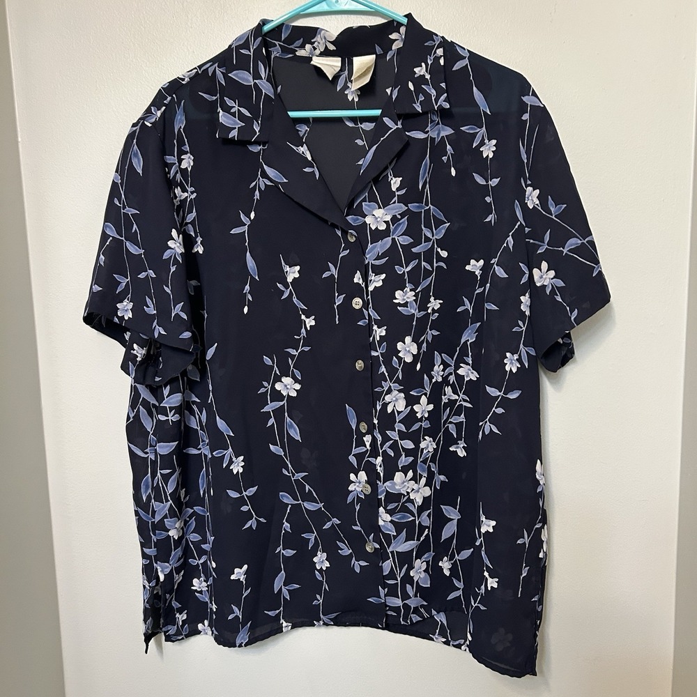 Women's Emma & James Navy Blue Floral Short Sleeve Sheer Blouse Top Size 16W